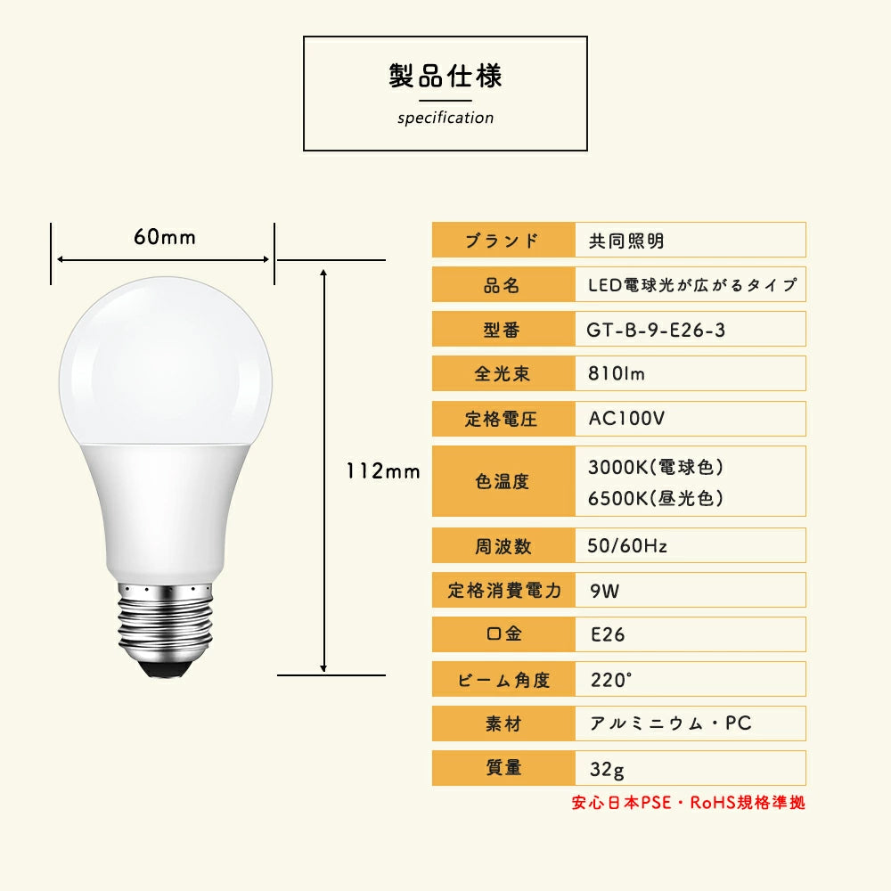 LED電球 60W形 E26 電球色 昼光色【GT-B-9-E26-3】