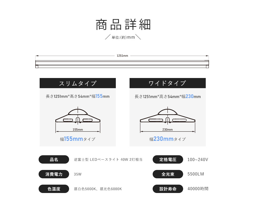 【35WN1】逆富士型 LEDベースライト 40W形 2灯相当 昼白色 昼光色 5500lm 直管LED 器具一体型 