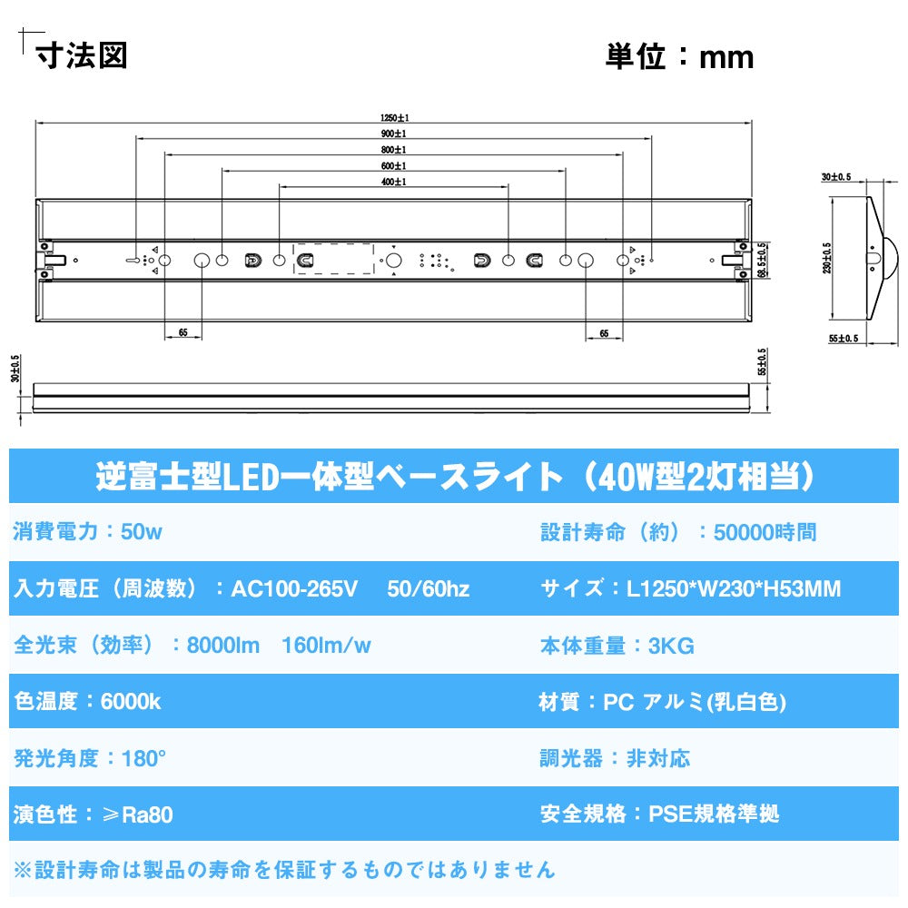 【RGD50W-5B】【送料無料】【5台セット】LEDベースライト 笠付型 逆富士型 40w型2灯相当 器具一体型 50W 8000lm 昼光色 超高輝度 一体型照明